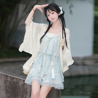 连衣裙女夏季披肩小个子宽松减龄甜美蓝色海边度假碎花吊带沙滩裙