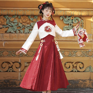 连衣裙女秋冬中国风汉元素过年少女小个子新中式拜年红色新年战袍