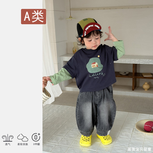 春季痞帅男宝宝春装分体套装洋气韩版小童上衣T恤打底衫牛仔裤1岁