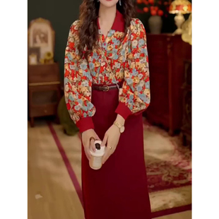 洋气温柔风气质套装 印花长袖 港风复古时尚 搭半身裙春秋新款 女 衬衫