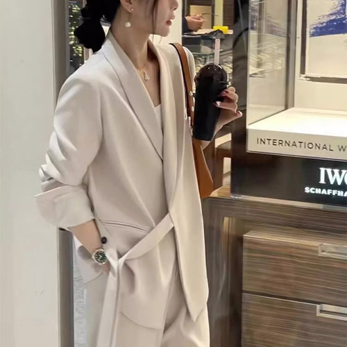 设计感绑带西装外套阔腿裤两件套