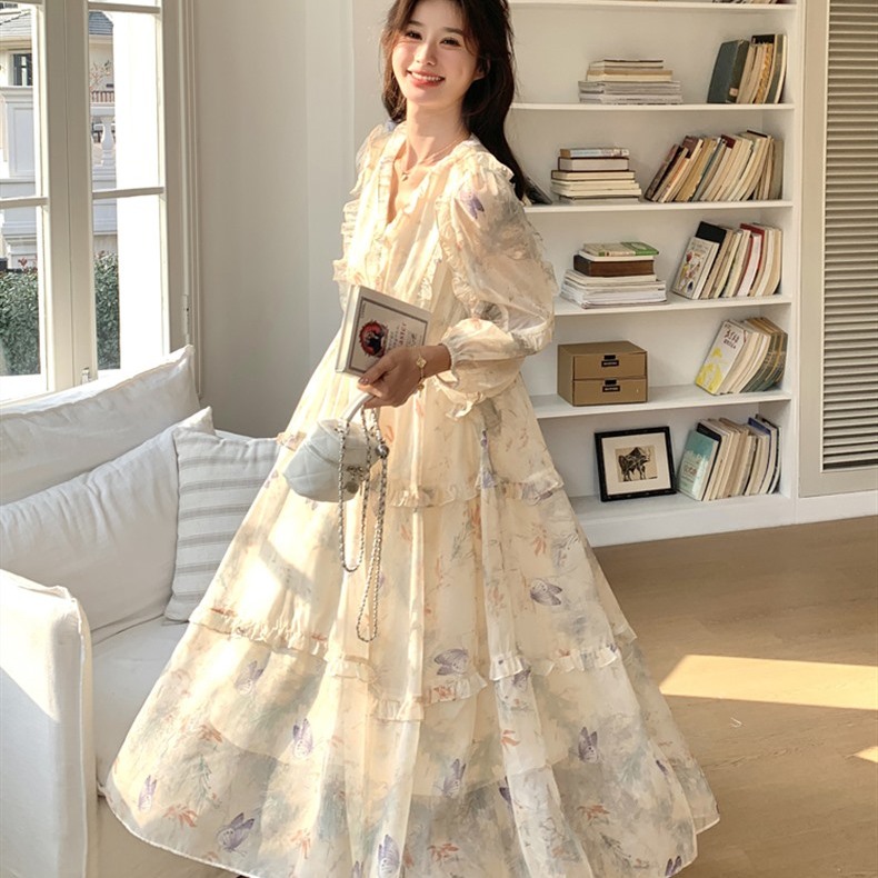 法式温柔风V领碎花连衣裙