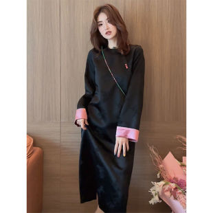 2026新款 国风黑色改良旗袍连衣裙子女春秋 高级感超好看气质新中式