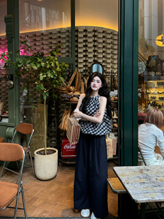 夏 套装 韩系复古格子挂脖圆领无袖 背心上衣女慵懒松弛感休闲阔腿裤