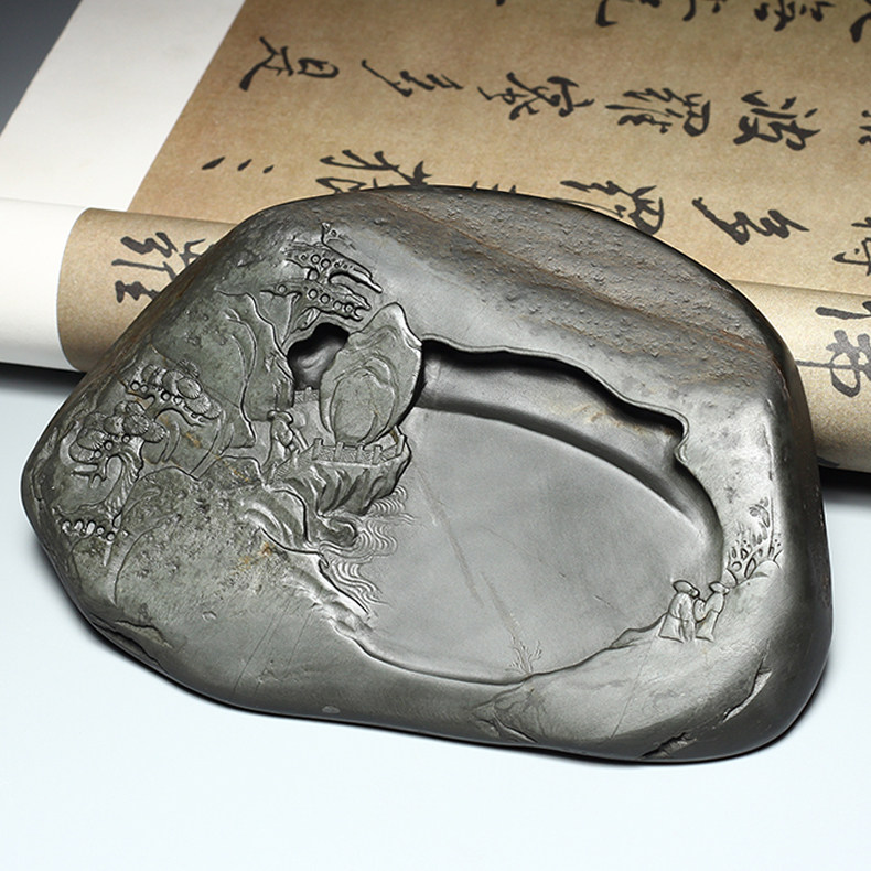 手工孤品老坑砚台/溪山晨韵/歙砚金晕枣心眉籽料天然原石高档文房