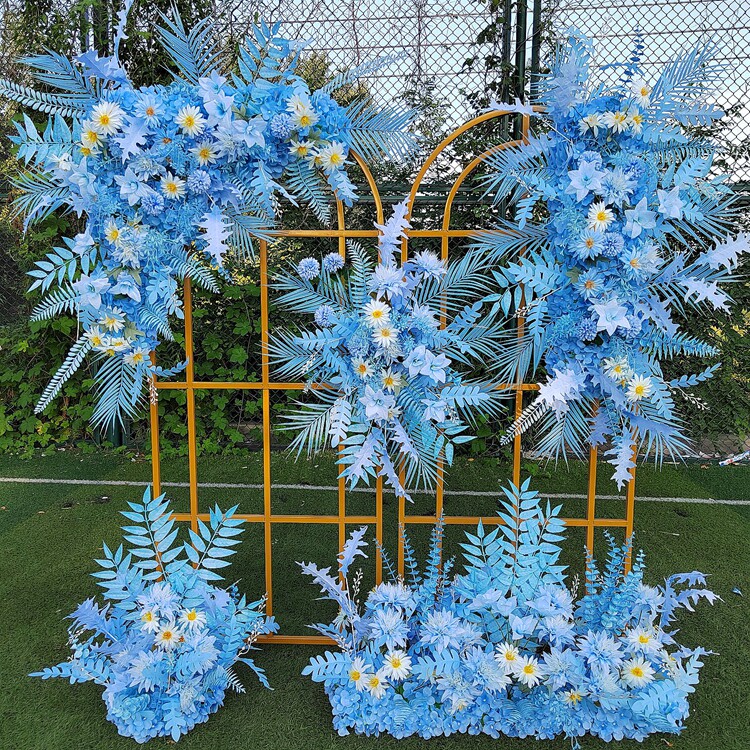 婚庆舞台路引花排天蓝色地排花婚礼舞台背景长挂花酒店婚礼花排花