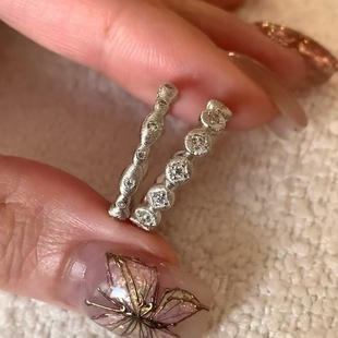 S925超闪拉丝磨砂镶钻戒指圆形水滴戒指重工高级感复古轻奢女指环