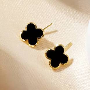 2025爆款S925纯银镀金耳环项链轻奢经典黑红滴釉爆闪四叶草女耳钉