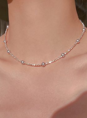 S925纯银碎银子女淡水珍珠项链