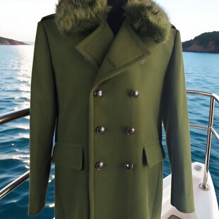 军绿色解放版毛呢料大衣棉里衬后开叉款复古金典外套冬季保暖长衣