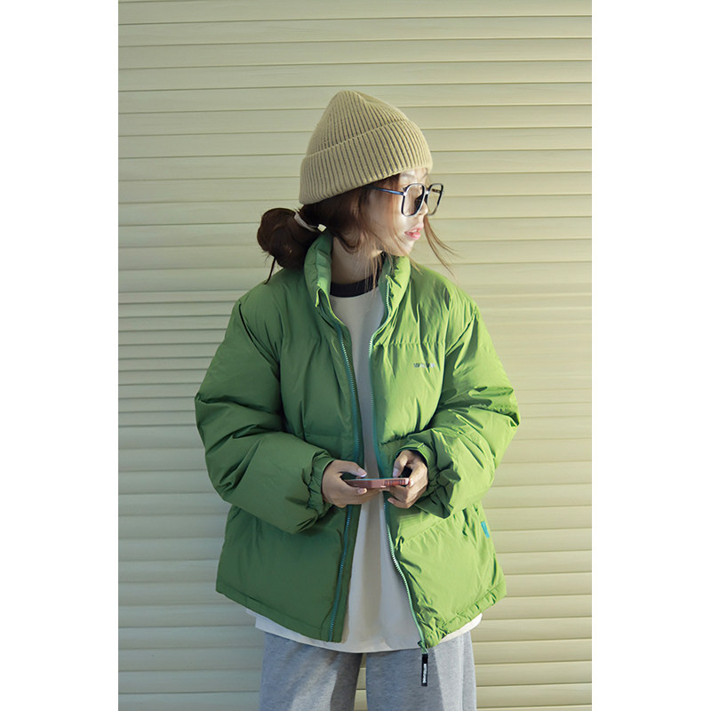 断码清仓绿色短款羽绒服女小个子加厚宽松立领情侣面包服冬外套