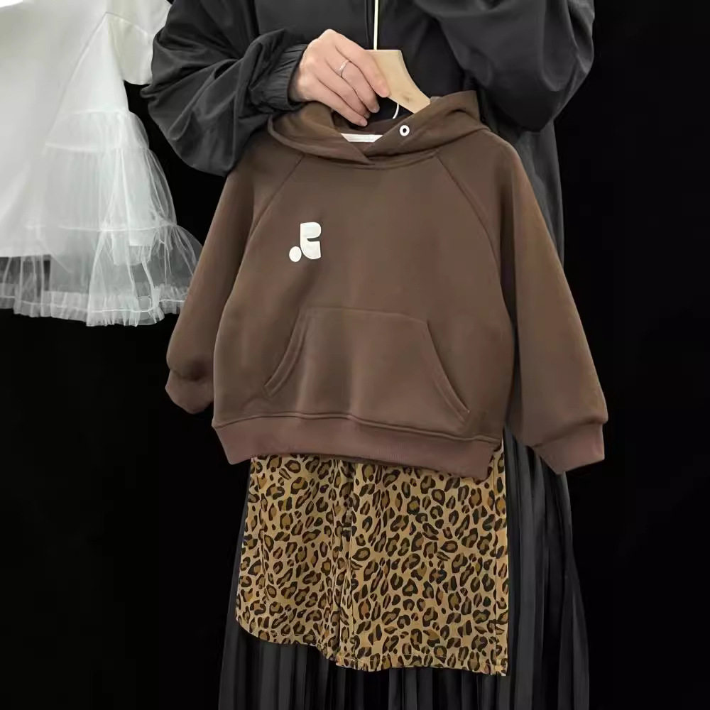 现货亲子装韩版童装秋季新款母女装男童女童洋气连帽卫衣豹纹裤子
