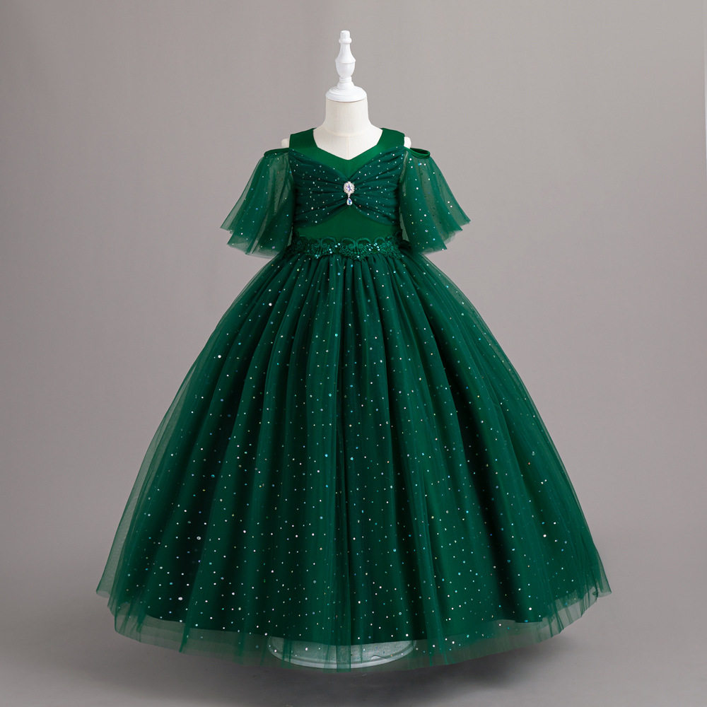 新款女童婚纱礼服半袖公主裙花童蓬蓬主持表演花边连衣裙跨境