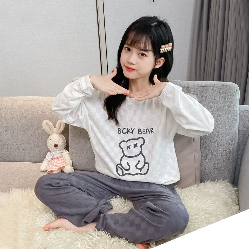 儿童甜美精梳棉睡衣两件套2024年春季新款女童纯棉小熊家居服套装
