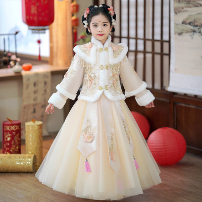 女童汉服秋冬装2025新款儿童加绒古装中国风唐装公主裙冬款