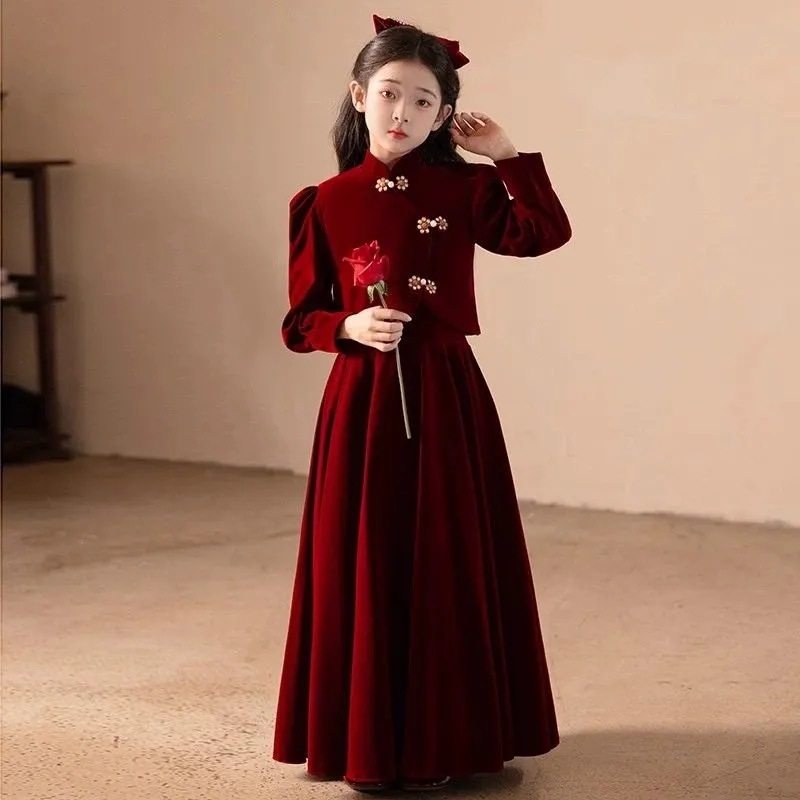 女童红色套装新中式国风儿童礼服裙新年拜年服童装演出公主