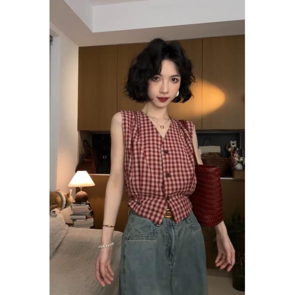 法式复衫古格子无袖衬女202夏宽季新款设计xzt感小众松5休闲衬衣