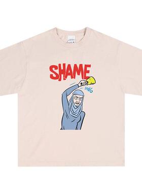 SHAME修女铃铛纯棉重磅杏色复古周边白色宽松短袖半袖T恤新款情侣