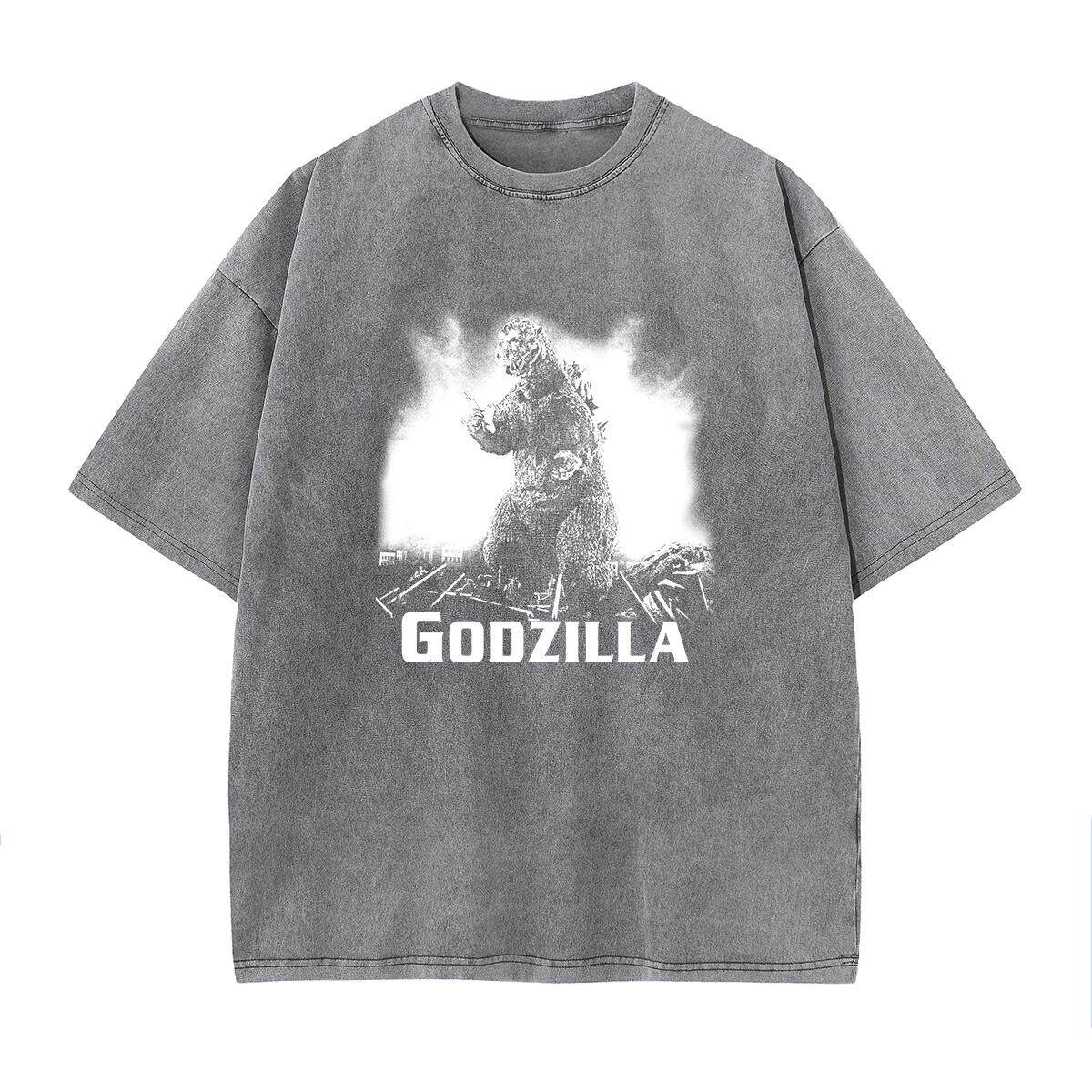 哥斯拉水洗做旧复古美式短袖T恤