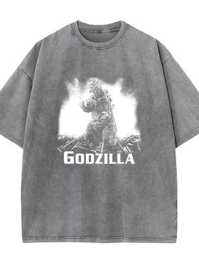 Godzilla哥斯拉怪物Moster纯棉水洗新款复古做旧短袖半袖蜡染T恤