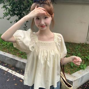 小个子褶皱设计感短袖 韩系方领泡泡袖 新款 衬衫 宽松显瘦 女夏季