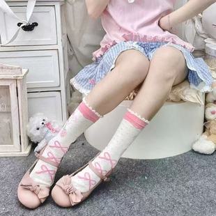 日系原创洛丽塔可爱袜子女甜美少女jk粉色蝴蝶结中筒袜公主软妹风
