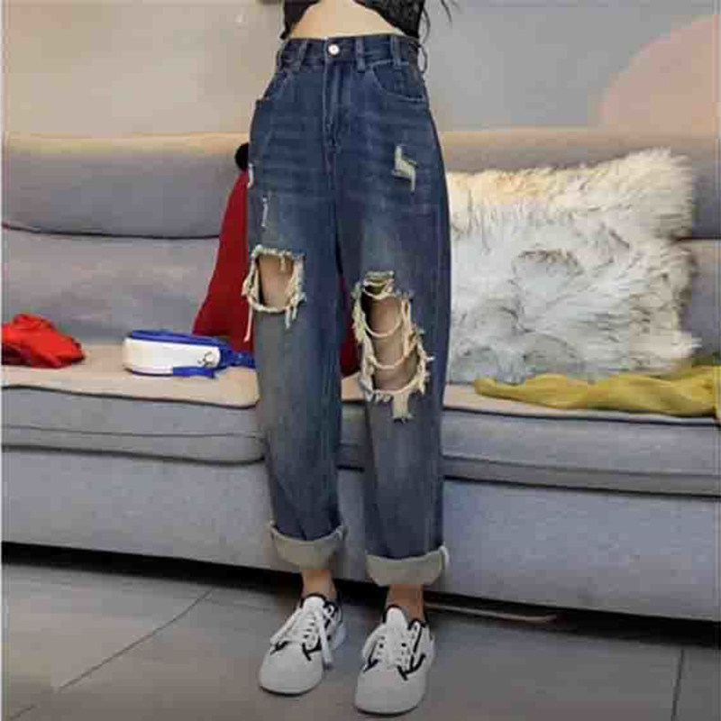 欧洲站2025春季新款破洞乞丐牛仔裤女百搭休闲九分老爹裤哈伦裤潮