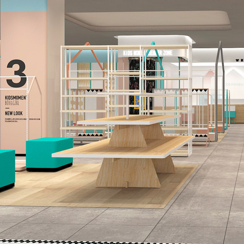 蓝色多种货架组合服装店展示装修男装高档潮牌简约装修店铺设计