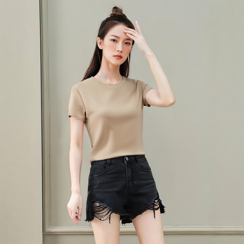 纯棉短袖T恤女夏装纯色圆领修身显瘦百搭上衣内搭打底衫女款白色