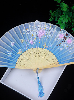 扇子女童跳舞古风折扇汉服旗袍舞蹈扇儿童折叠携带专用粉色蓝色小