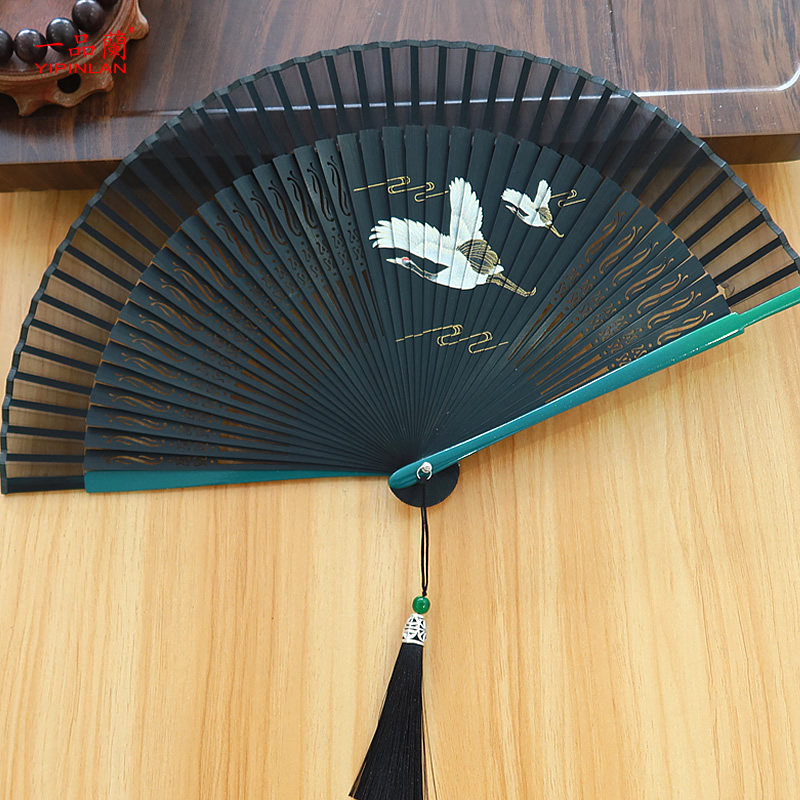 一品兰中国风丝绸松鹤喷绘扇子古风折扇女式汉服旗袍走秀古典竹扇