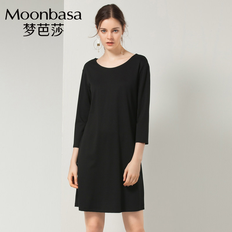 Moonbasa/梦芭莎简约创意后背蝴蝶结装饰八分袖中长款连衣裙秋款