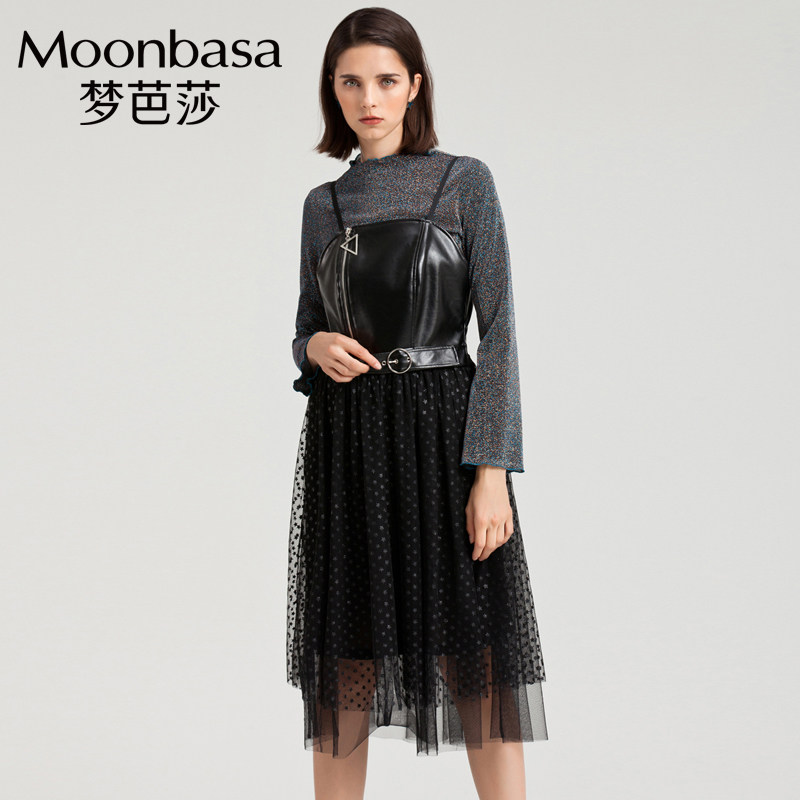 Moonbasa/梦芭莎早秋新款皮质拼接纱料时尚赫本雪纺吊带连衣裙