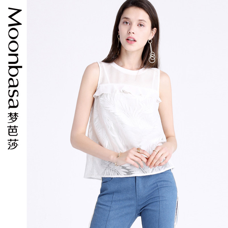 Moonbasa梦芭莎夏装新品拼接网布料无袖H直身型蕾丝套头小衫
