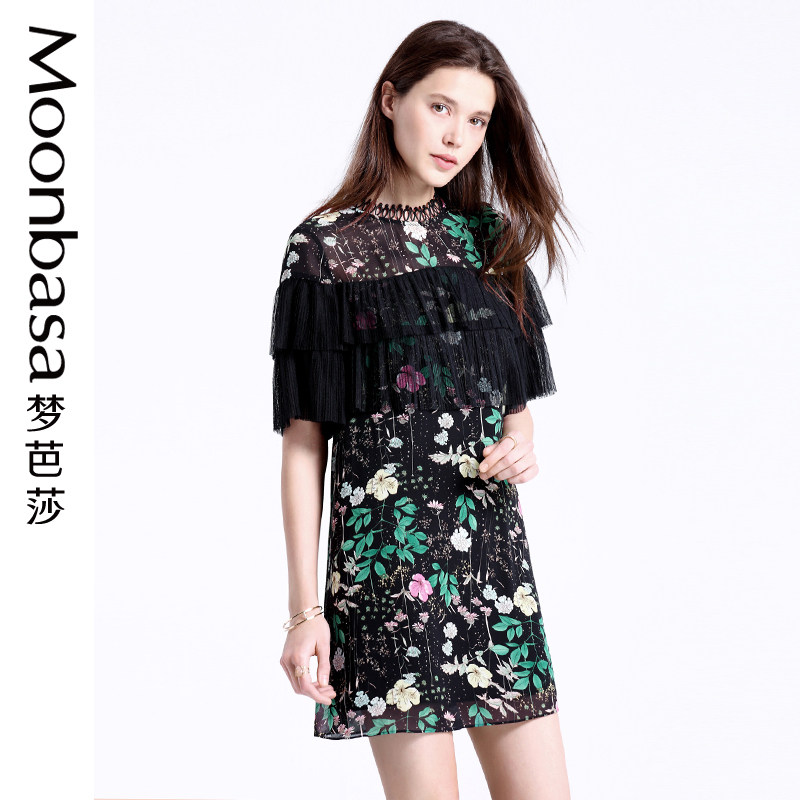 Moonbasa/梦芭莎A型拼网布镂空蕾丝小立领花卉印花连衣裙
