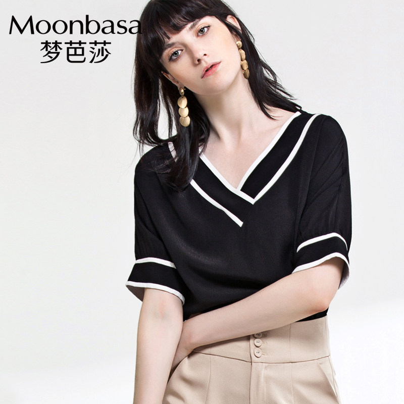 Moonbasa/梦芭莎2018春季新品时尚黑白撞色V领设计百搭套头小衫