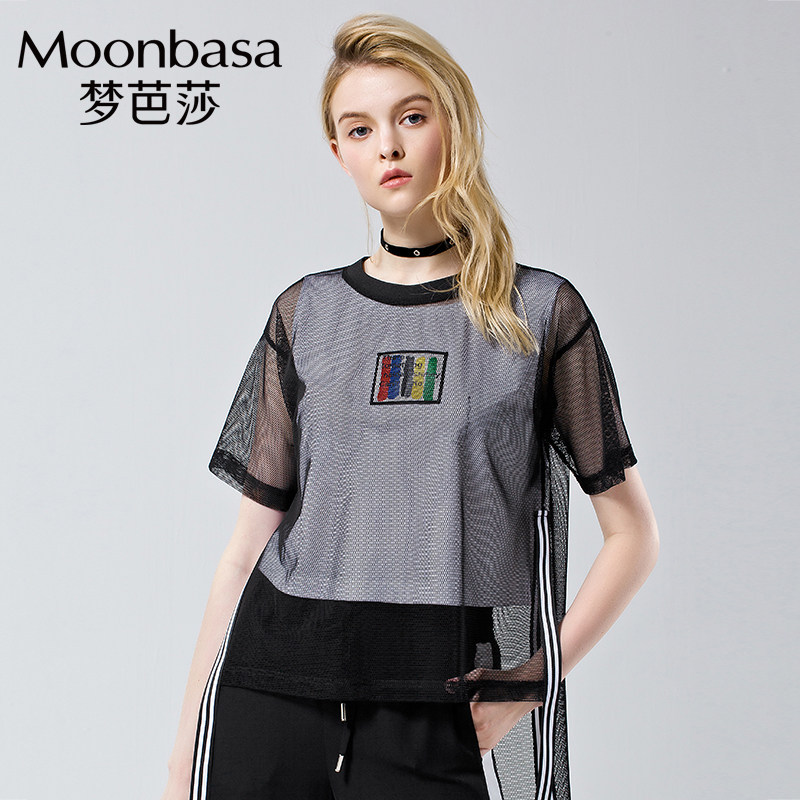 Moonbasa/梦芭莎时尚休闲女装网眼主题图案两件套短袖T恤