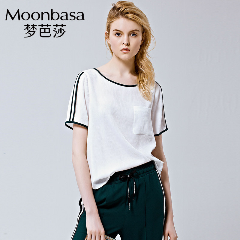 Moonbasa/梦芭莎休闲短袖撞色包边圆领雪纺小衫女夏季新款上衣潮