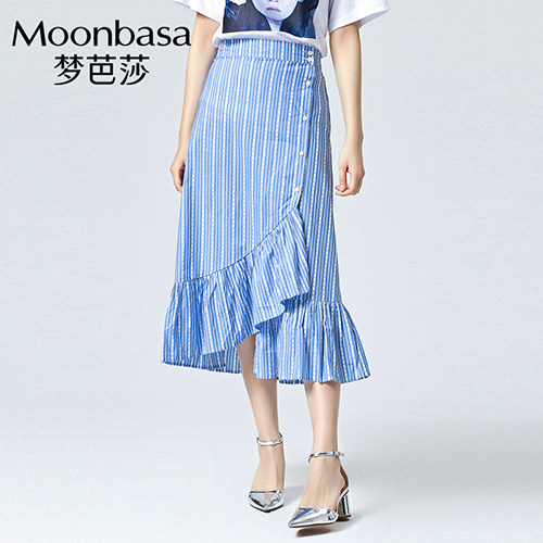 Moonbasa/梦芭莎女装蓝色条纹裙子女半身裙学生a字款 ins洋气