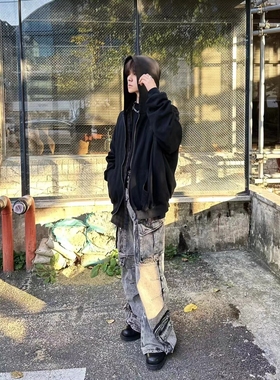 Undermycar 23FW FISKY 假两件格纹衬衫刺绣logo拉链卫衣帽衫vibe