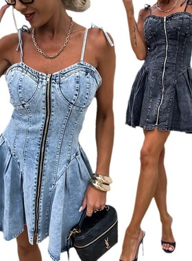 欧美2024街头潮人拼接吊带牛仔连衣裙women backless dress jeans