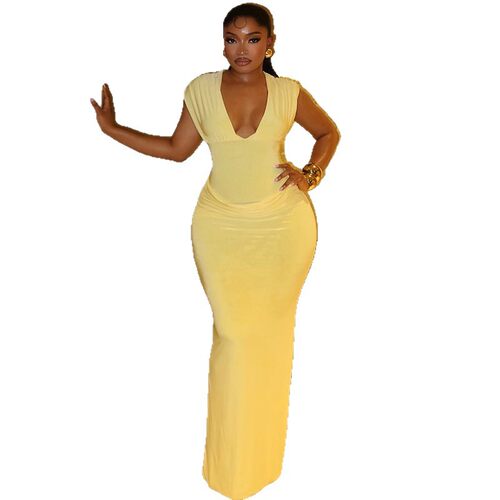 欧美性感V领无袖收腰包臀褶皱连衣裙 Women sexy stretch dress