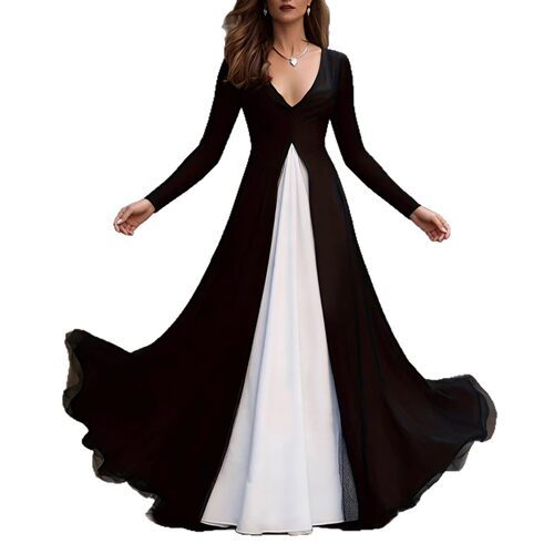 Ladies evening dress 欧美气质长袖V领收腰连衣裙黑白撞色拼接