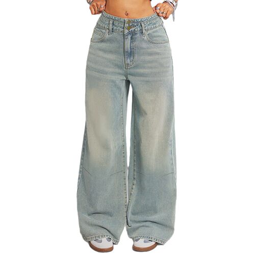 women jeans pants loose 欧美排扣设计宽松直筒阔腿复古牛仔裤
