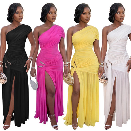 Ladies evening dress women欧美性感无袖斜领修身开叉连衣裙2026