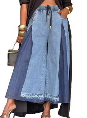 2026街头松紧抽绳撞色阔腿九分牛仔裤女 women loose jeans pants