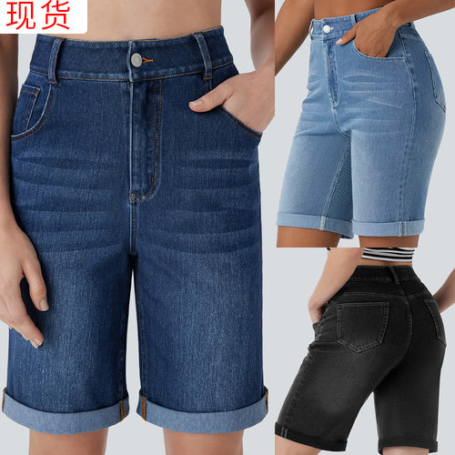 高腰卷边牛仔短裤复古宽松显瘦五分裤休闲百搭women jeans shorts