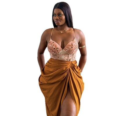 Ladies sexy dress night欧美2025吊带V领印花无袖褶皱开叉连衣裙