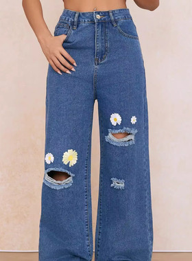 欧美雏菊刺绣破洞宽松阔腿牛仔长裤女 JEANS women pants loose