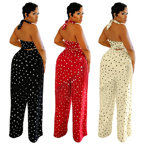 women sexy pants+tops set ladies 欧美薄款流苏波点阔腿裤套装